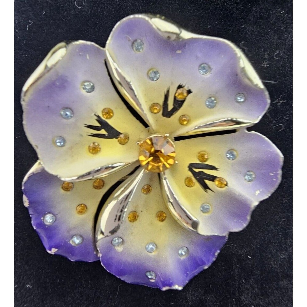 ❤️Pansy Brooch Vintage Enamel Mid Century Modern Purple & Yellow Flower Pin